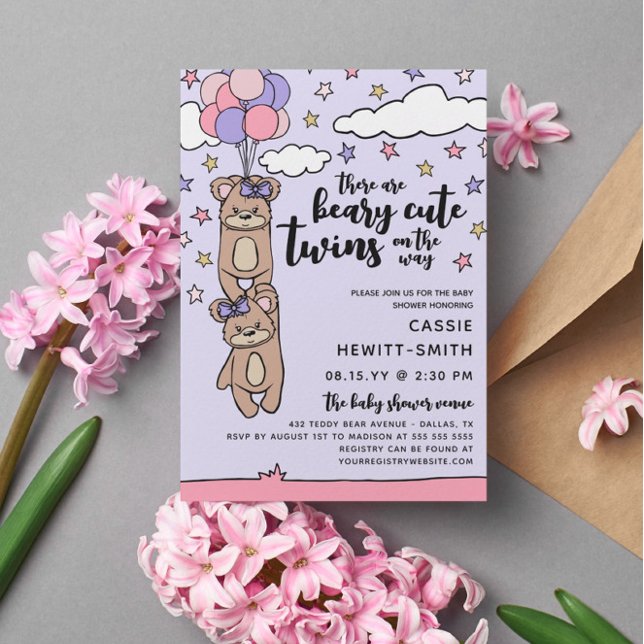 Invitation Baby shower Beary jolie fille rose jumeaux (Créateur téléchargé)