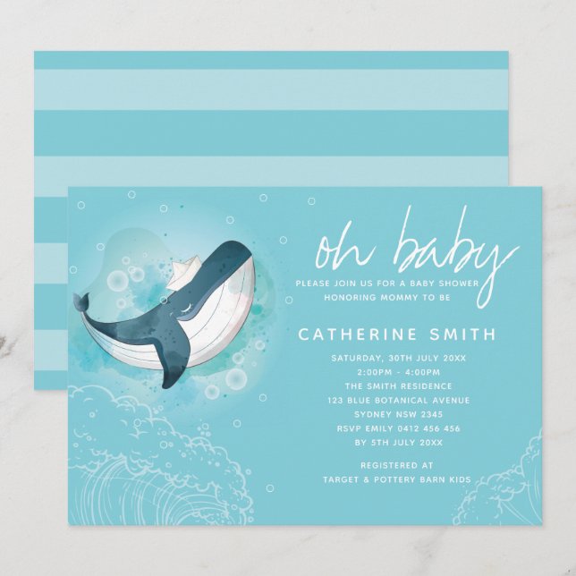 Invitation Baby shower bébé baleine (Devant / Derrière)