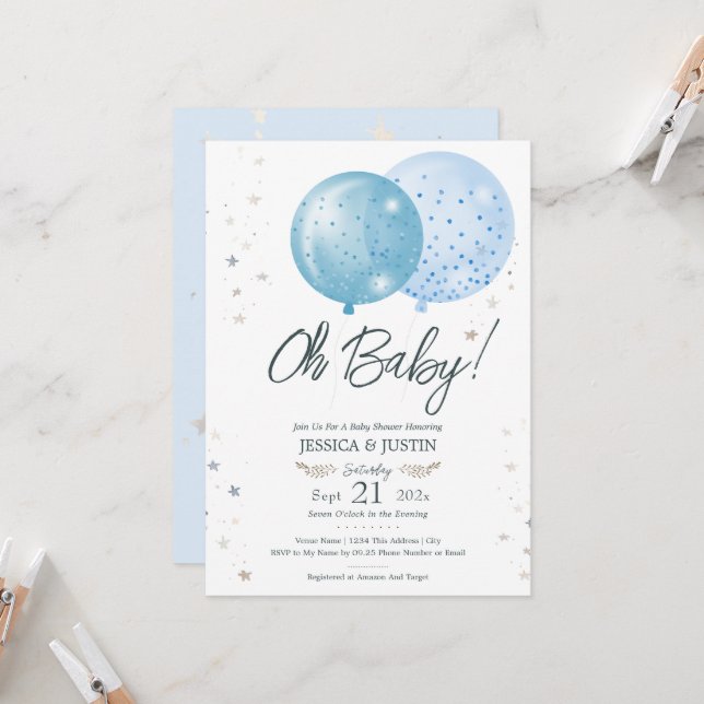 Invitation Baby shower Bébé Bleu Ballons (Devant/Arrière en situation)