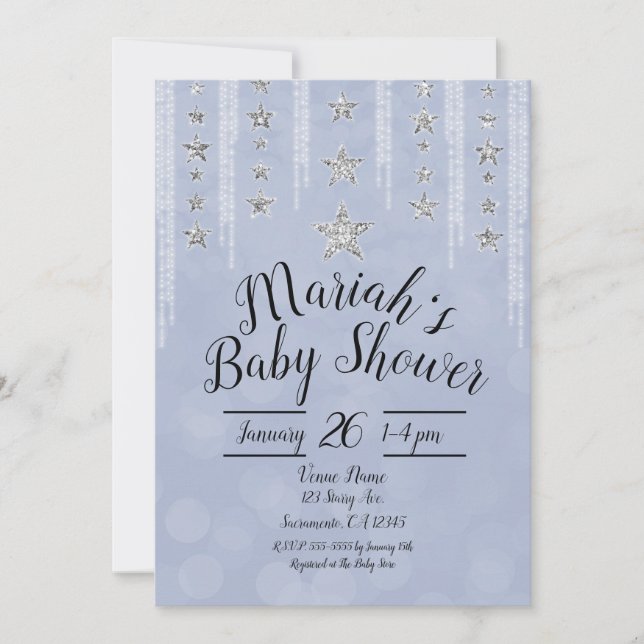 Invitation Baby shower Bébé Bleu et Argent Parties scintillan (Devant)