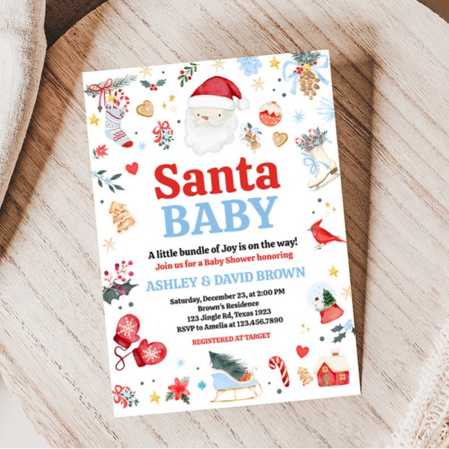 Invitation Baby shower bébé Blue Père Noël (Red and Blue Santa Baby Shower Invitation)
