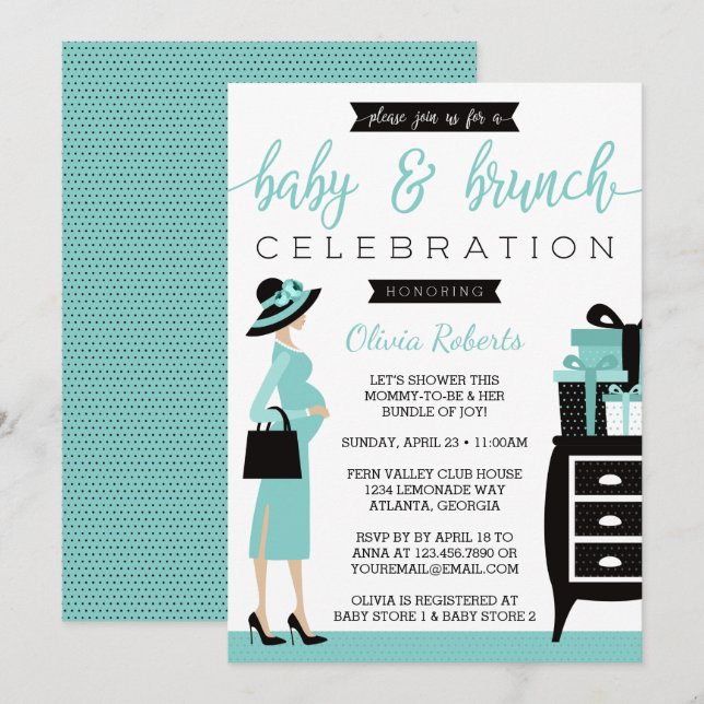 Invitation Baby shower bébé & bruch Invitation, Turquoise, No (Devant / Derrière)