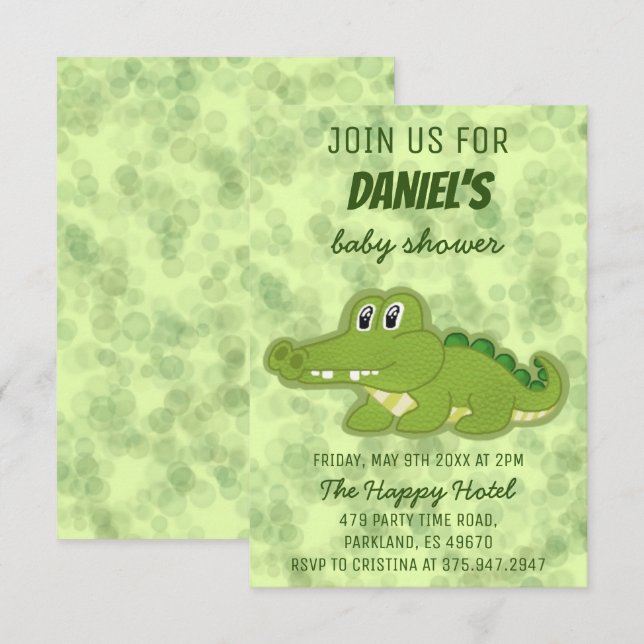 Invitation Baby shower bébé crocodile (Devant / Derrière)