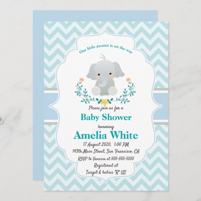Invitation Baby shower bébé éléphant (Devant / Derrière)