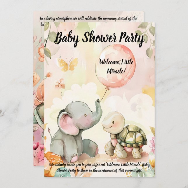 Invitation Baby shower bébé éléphant et tortue (Devant / Derrière)