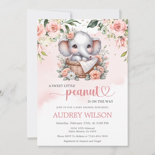 Invitation Baby shower bébé Eléphant mignon fille (Devant)