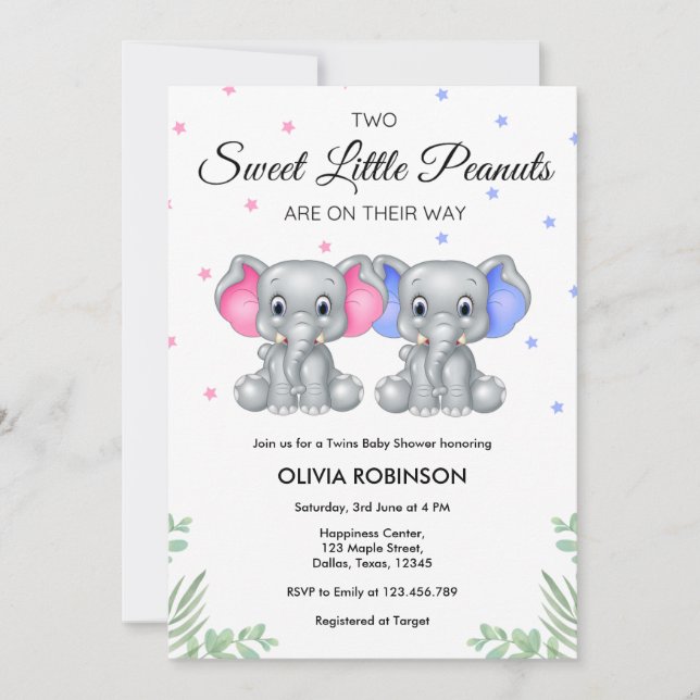 Invitation Baby shower bébé Eléphant Twin Girl (Devant)
