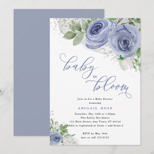 Invitation Baby shower bébé en fleur, bleu et argent