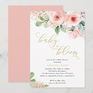 Invitation Baby shower bébé en fleur, or rose Floral