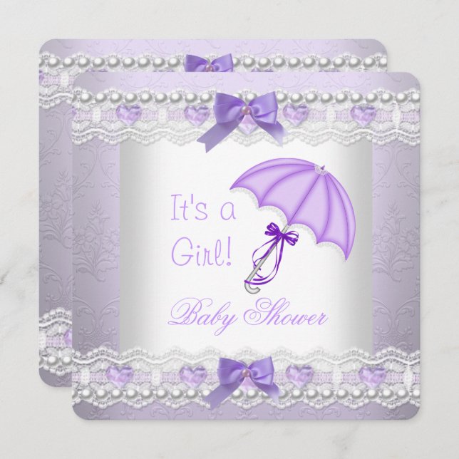 Invitation Baby shower Bébé Fille Lavande Parapluie blanc (Devant / Derrière)