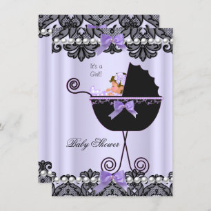 Invitation Baby shower Bébé Fille Lavande Violet noir dentell