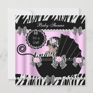 Invitation Baby Shower Bébé Fille Mignon Zèbre Rose Poussette