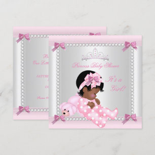 Invitation Baby Shower Bébé Fille Ours Rose Afro-Américain