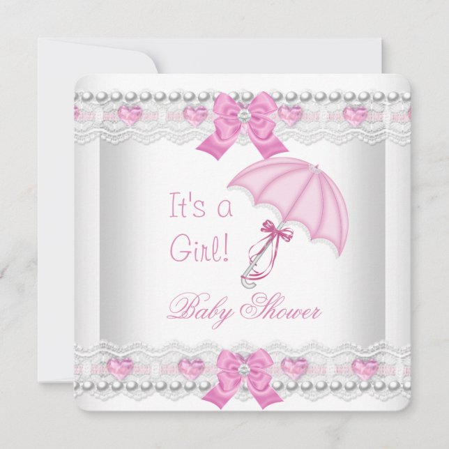 Invitation Baby shower bébé fille rose blanc dentelle paraplu (Devant)