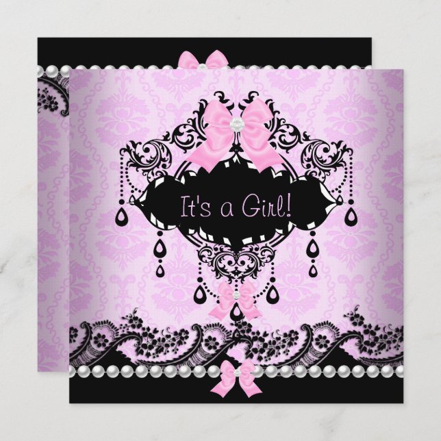 Invitation Baby shower bébé fille rose noir Damask Bow (Devant / Derrière)