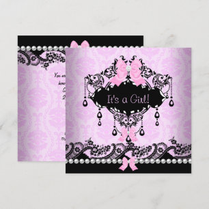 Invitation Baby shower bébé fille rose noir Damask Bow