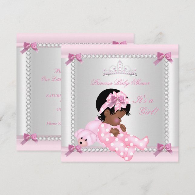 Invitation Baby shower Bébé Fille Rose Ours Africain Américai (Devant / Derrière)