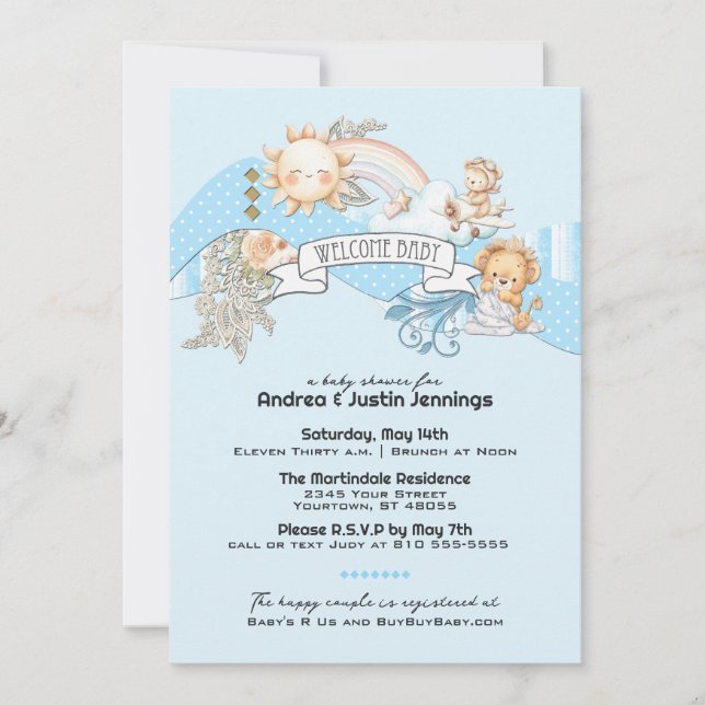 Invitation Baby shower Bébé Garçon aquarelle bleu (Devant)