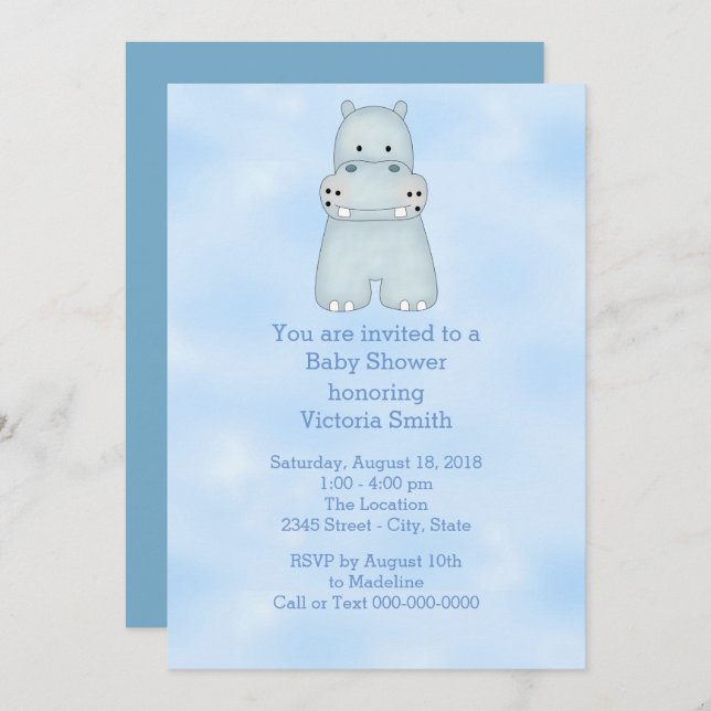 Invitation Baby shower bébé garçon bleu Hippo (Devant / Derrière)