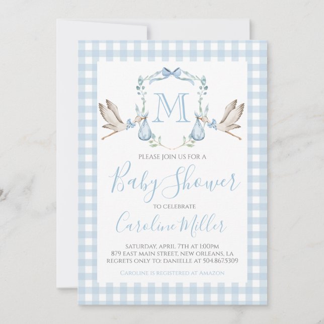 Invitation Baby shower bébé garçon Preppy Stork En vichy bleu (Devant)
