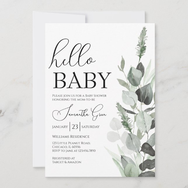 Invitation Baby shower bébé Hello vert (Devant)