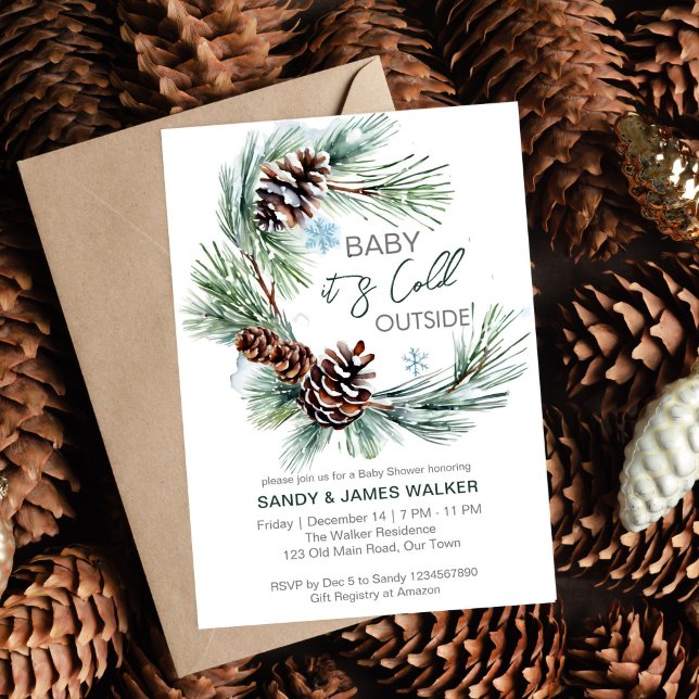 Invitation Baby shower bébé hiver modèle de couronne de pin (Winter baby baby shower pine wreath editable template invitation digital download baby it's cold out)