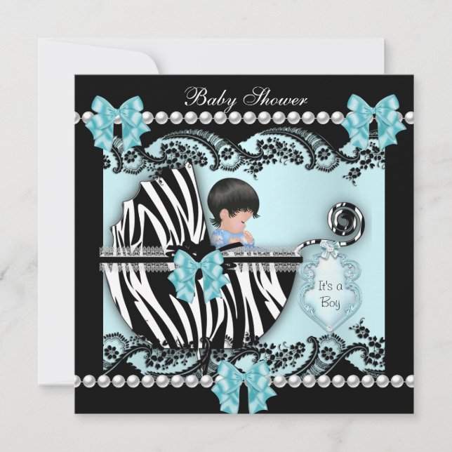 Invitation Baby shower Bébé mignon Garçon bleu Zèbre dentelle (Devant)