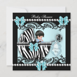 Invitation Baby shower Bébé mignon Garçon bleu Zèbre dentelle