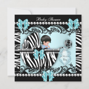 Invitation Baby shower Bébé mignon Garçon bleu Zèbre dentelle