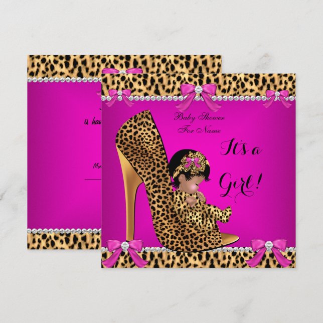 Invitation Baby shower bébé mignonne fille Leopard Hot rose C (Devant / Derrière)