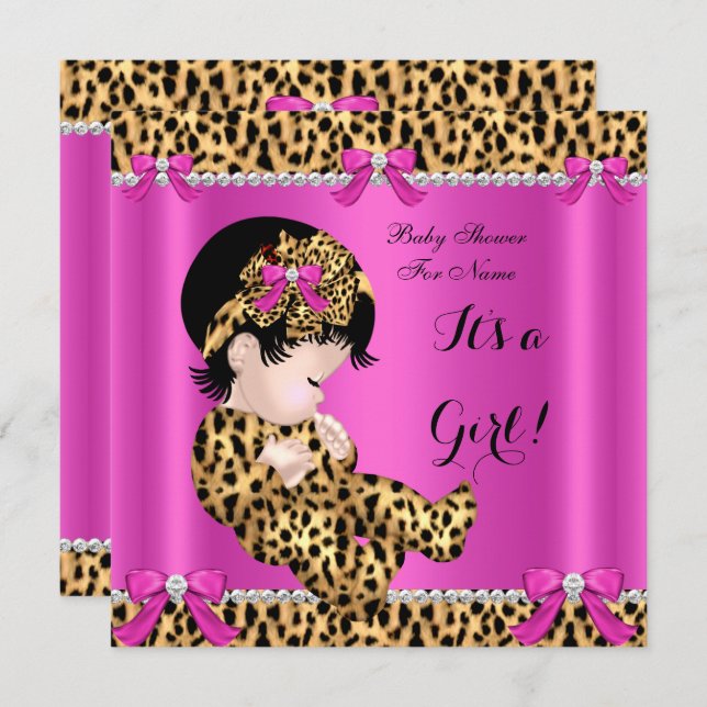Invitation Baby shower bébé mignonne fille Leopard Hot rose o (Devant / Derrière)