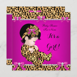 Invitation Baby shower bébé mignonne fille Leopard Hot rose o