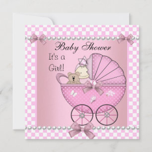 Invitation Baby shower Bébé mignonne Fille rose Chèque Pram
