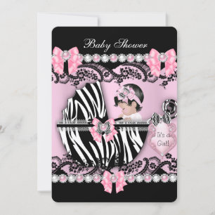 Invitation Baby shower Bébé mignonne fille rose perles Zebra