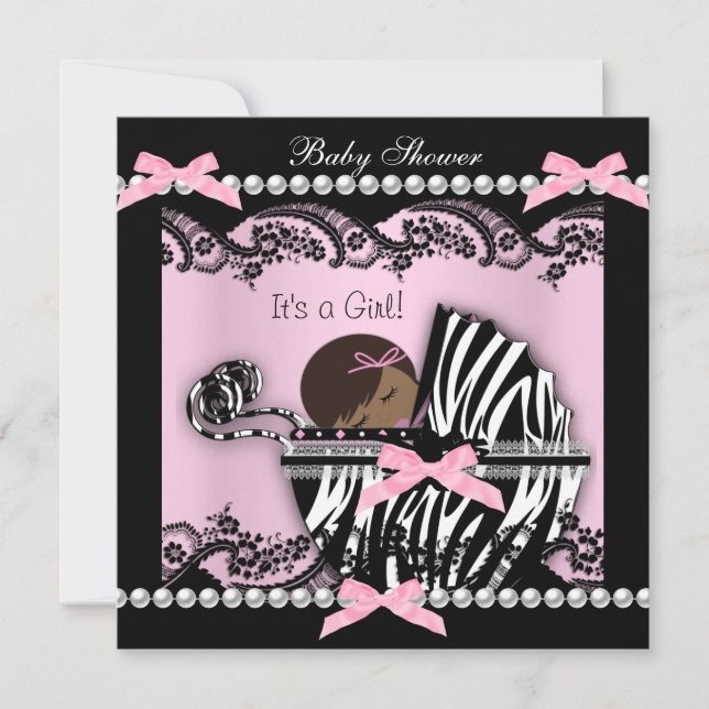 Invitation Baby shower Bébé mignonne Fille rose Zèbre dentell (Devant)