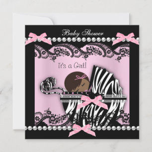 Invitation Baby shower Bébé mignonne Fille rose Zèbre dentell
