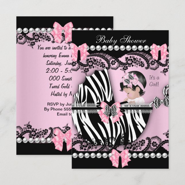 Invitation Baby shower Bébé mignonne Fille rose Zèbre dentell (Devant / Derrière)
