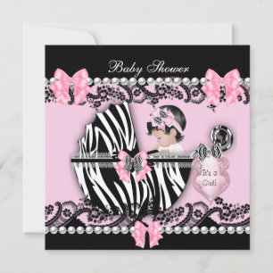 Invitation Baby shower Bébé mignonne fille rose Zèbre dentell