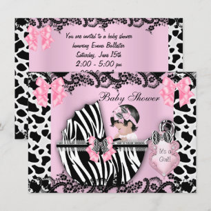 Invitation Baby shower Bébé mignonne Fille rose Zèbre Vache d