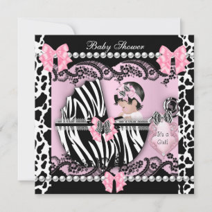 Invitation Baby shower Bébé mignonne Fille rose Zèbre Vache d