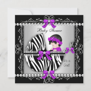 Invitation Baby shower bébé mignonne fille Zebra Pram Argent