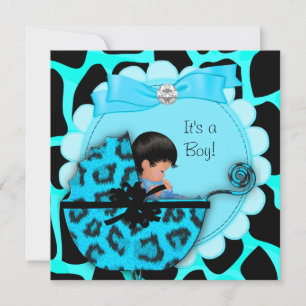 Invitation Baby shower Bébé mignonne Garçon Bleu Leopard Pram