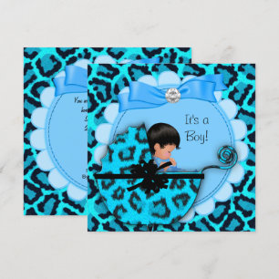 Invitation Baby shower Bébé mignonne Garçon Bleu Leopard Pram
