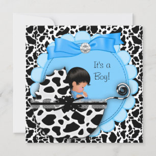 Invitation Baby shower Bébé mignonne Garçon Bleu Pram Vache