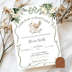 Invitation Baby Shower Bébé Oiseau Vert Sauge