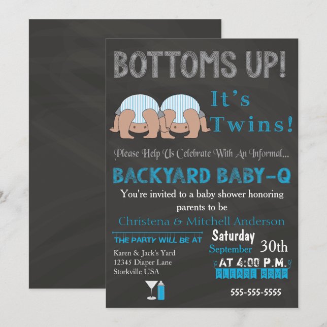 Invitation Baby shower Bébé-Q avec jumeaux (BLUE) (Devant / Derrière)