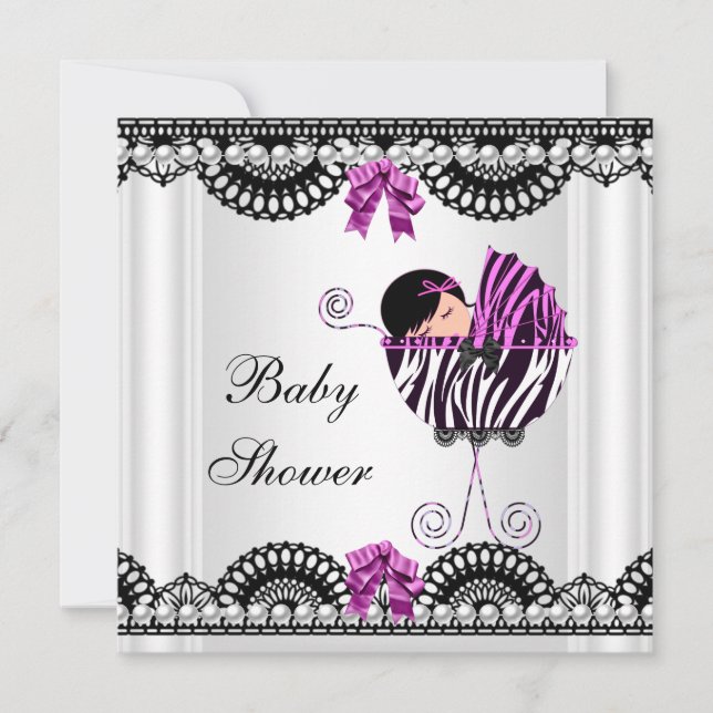 Invitation Baby shower Bébé Zèbre Fille Noir Blanc Rose (Devant)