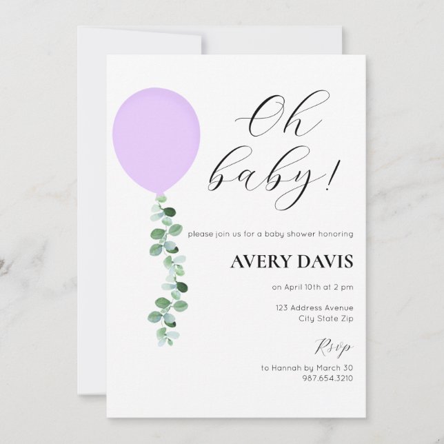 Invitation baby shower, Bébée, Ballons violets (Devant)