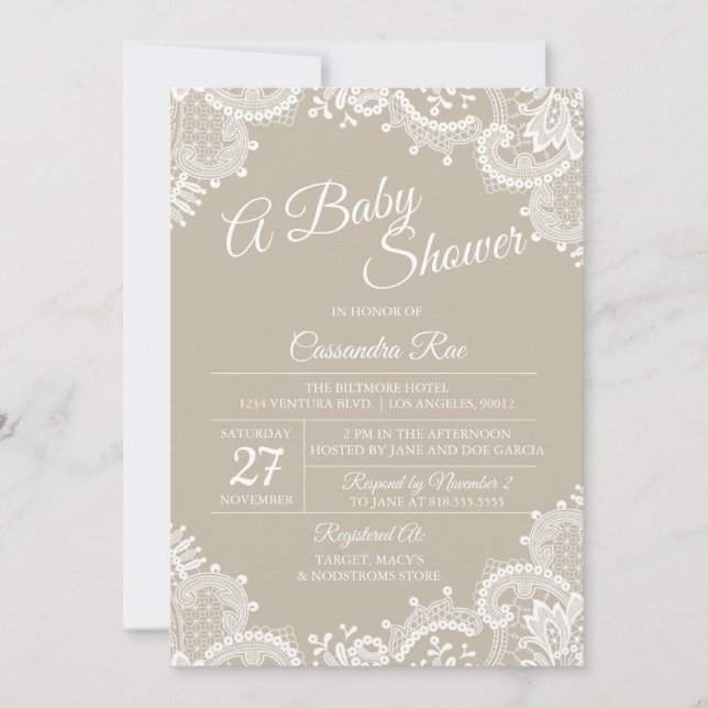 Invitation Baby shower beige et dentelle (Devant)