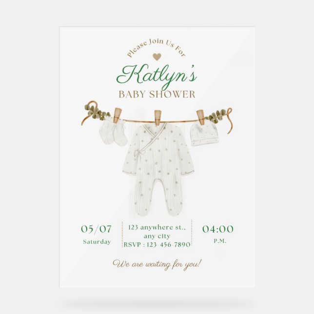 Invitation Baby shower beige et vert clair (Recto)